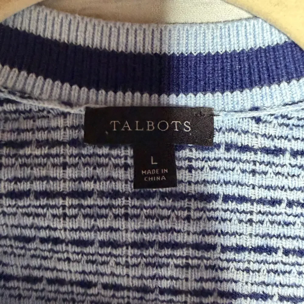 Talbots Blue Textured Cardigan L Cotton Blend Button Front Classic - Picture 2 of 6
